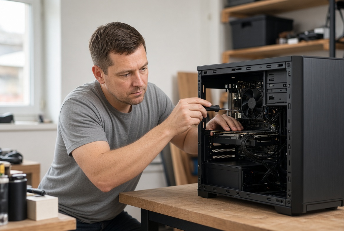 Home PC Mend technician repairing a desktop computer tower