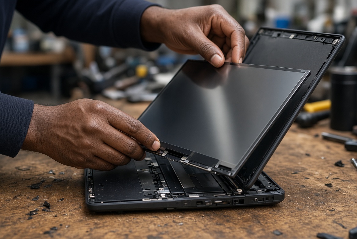 Technician installing a new laptop screen