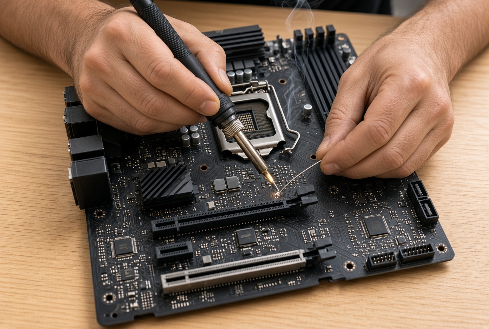 Technician soldering a computer motherboard